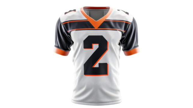 White and orange american football jersey number 2 on transparent background