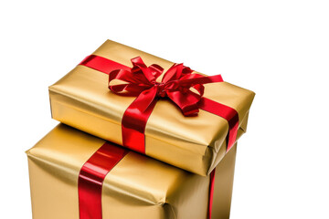 Obraz premium Luxurious Gold Gift Boxes with Red Ribbon Festive Holiday Present Design