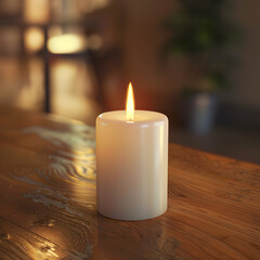 Warmly Lit Scene with Two White Pillar Candles on a Blurred Wooden Background, Evoking Cozy Ambiance