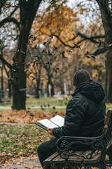 A person sits on a park bench, sketchbook in hand, drawing the scenery around them. Birds sing softly in the background 