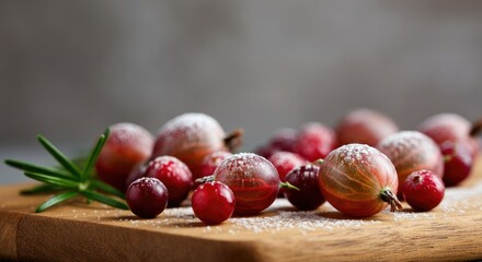 Obraz premium Fresh gooseberries and cranberries lightly sprinkled with powdered sugar on wooden board