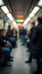 Generative AI image of blurred people inside a subway train with fluorescent lights