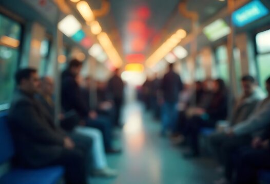 Generative AI Subway car at twilight filled with muted commuters travels across town