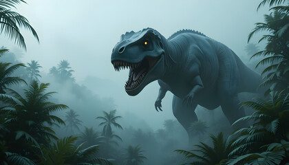 A terrifying Tyrannosaurus rex towering over a misty Jurassic jungle, its eyes glowing in the dim light as it prepares to strike its prey.