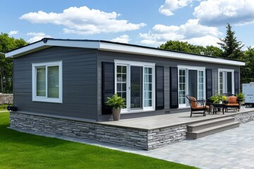 The grey trailer is elegantly complemented by its stone foundation.