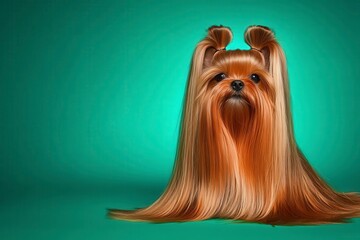 Well-Groomed Terrier Sitting Against Bright Cyan Backdrop