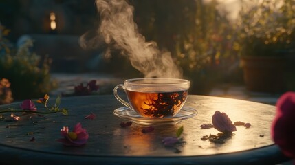 Fototapeta premium Steam Rising from a Hot Cup of Tea Surrounded by Fresh Flowers