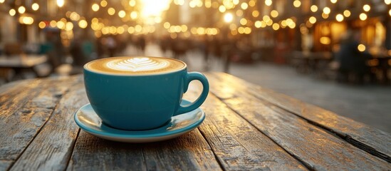 Outdoor Coffee Cup on Wooden Table at Evening Market