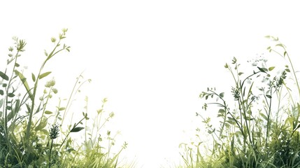Artistic rendering of green plants grass and flowers over white space