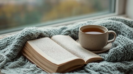 Cozy window seat reading with tea