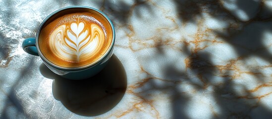 Latte art on marble table with dappled shadows