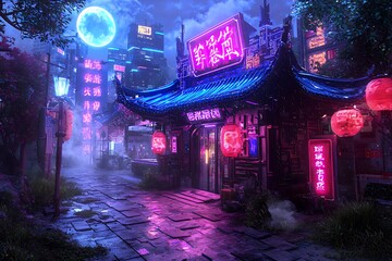 Naklejka premium Mystical night scene of an illuminated street with traditional architecture.