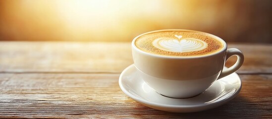 Latte art coffee cup on rustic wooden table in sunlight