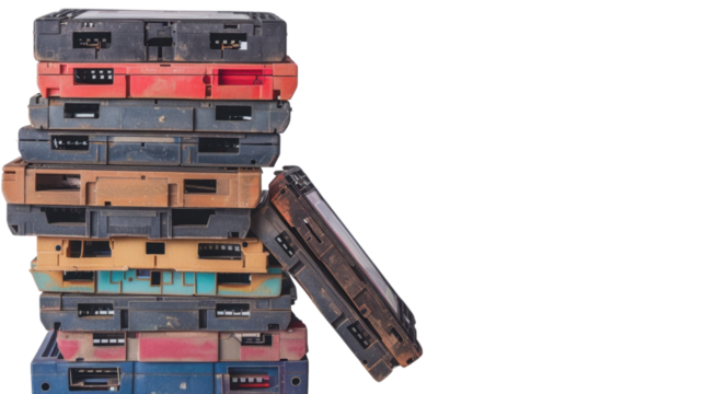 Stack of old video cassettes isolated on transparent background