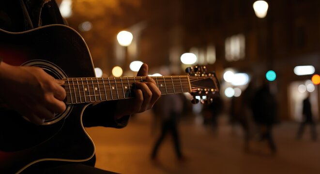 Person playing acoustic guitar on street at night