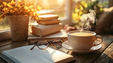 Sunny windowsill, warm drink, books, flowers, peaceful morning