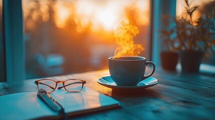 Cozy morning coffee at window with sunset view