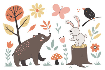 14 Colorful cartoon nature elements, forest animals, brown bear, black cat, elephant, rabbit, stylized flowers, trees, leaves, bird, mushroom, tree stump, simple shapes, flat design, cute illustration