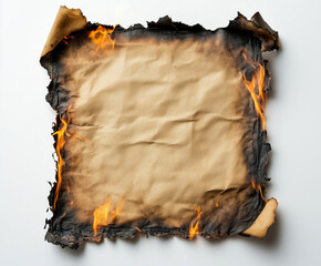 A piece of paper with a burnt edge and a flame on it