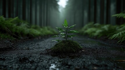 Emerging sprout in forest path