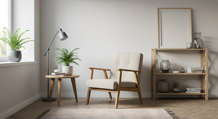 Fototapeta premium Minimalistic Living Room Interior with Wooden Furniture and Modern Accessories