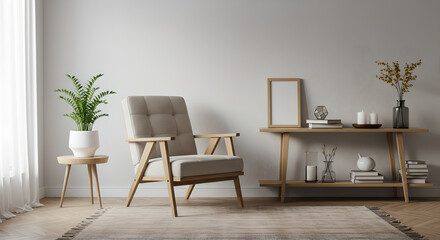 Minimalistic Living Room Interior with Wooden Furniture and Modern Accessories