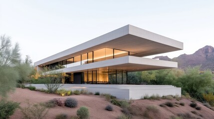 Modern minimalist house with flat roof, multiple levels, and large windows overlooking desert landscape.  Light and airy design seamlessly integrated into the natural environment
