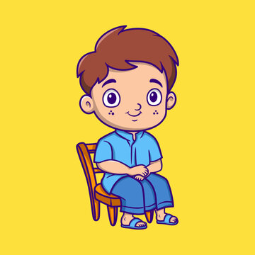 Cartoon Illustration of a muslim Boy wearing sarong sitting on a Chair