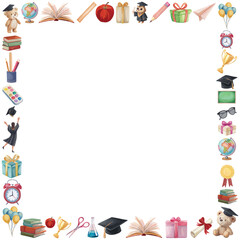 Graduation frame with educational elements Academic background Hat books balloons diploma