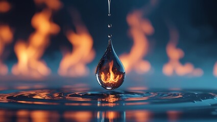 Fire and Water: A captivating visual metaphor of the delicate balance between opposing forces, with a drop of water reflecting the intense heat of flames.