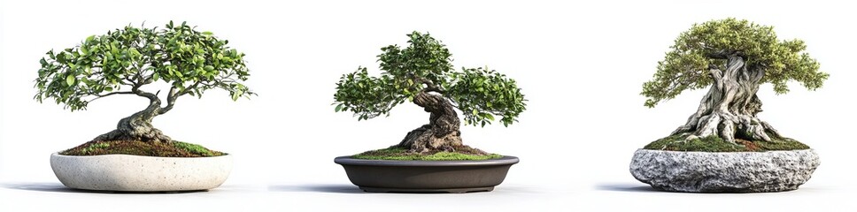 Obraz premium Three Bonsai Trees in Different Pots