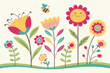 15 Colorful cartoon flowers, vibrant floral arrangement, whimsical garden illustration, playful botanical design, pastel and bright colors, childlike drawing style, cute flower characters, abstract fl