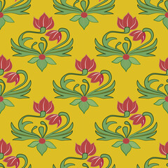 seamless floral  pattern design created a digital graphic style it showcases red flowers petals  green leaves arranged in a repetitive use in fabric wallpaper background textile home decor 