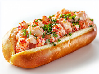 Closeup of a delicious and decadent lobster roll filled to the brim with lobster meat isolated on a white background. Food photography styling.