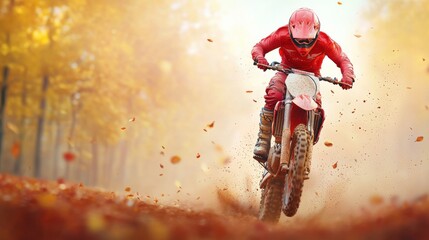 Naklejka premium Dynamic motocross rider in fall foliage, kicking up dirt and leaves.
