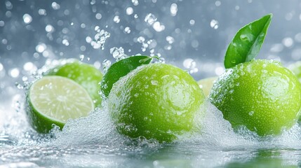 Fresh limes in water splashes