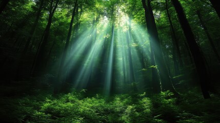 Sunlight streams through a dense forest canopy. Lush greenery surrounds the base of tall trees