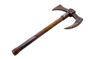 Vintage war axe with a wooden handle and an iron battle blade. Designed for medieval combat, now a prized antique item.