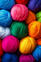 A bunch of colorful balls of yarn are arranged in a pile
