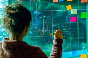 Young female analyzing data on glass board with colorful sticky notes