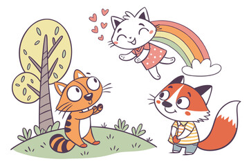 16 Cute cartoon animals, colorful illustrations, whimsical characters, cats and fox, playful poses, diverse expressions, children's book style, vibrant colors, simple shapes, hand-drawn aesthetic, lin