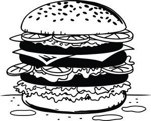 Black and White Illustration of a Detailed Layered Burger Drawing