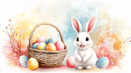 Cute white bunny on pastel blue background and colorfull Easter eggs in a basket