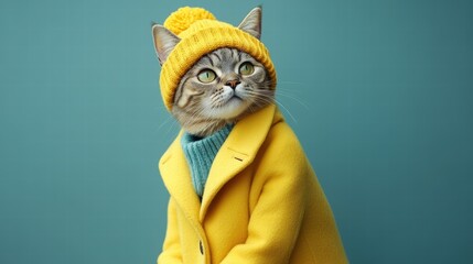 A stylish cat in the yellow coat and a yellow hat, blue background 