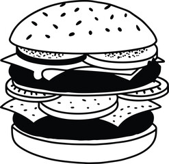 Black and White Illustration of a Detailed Layered Burger Drawing