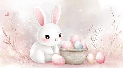 Cute white bunny on pastel blue background and colorfull Easter eggs in a basket