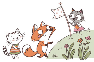 16 Cute cartoon animals, colorful illustrations, whimsical characters, cats and fox, playful poses, diverse expressions, children's book style, vibrant colors, simple shapes, hand-drawn aesthetic, lin