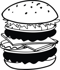 Black and White Illustration of a Detailed Layered Burger Drawing