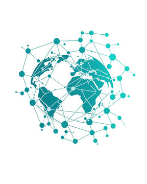 isolated transparent Background. Global network connections illustrated with globe and nodes, symbolizing technology