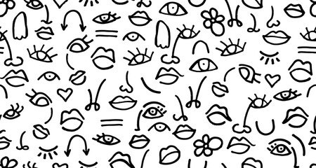 Abstract Face One Line Drawing Seamless Pattern. Minimalistic Sketch Linear Design of Simple Woman Portrait Ornament for Textile, Beauty Design, Prints, Social Media, Wrapping Paper. Vector